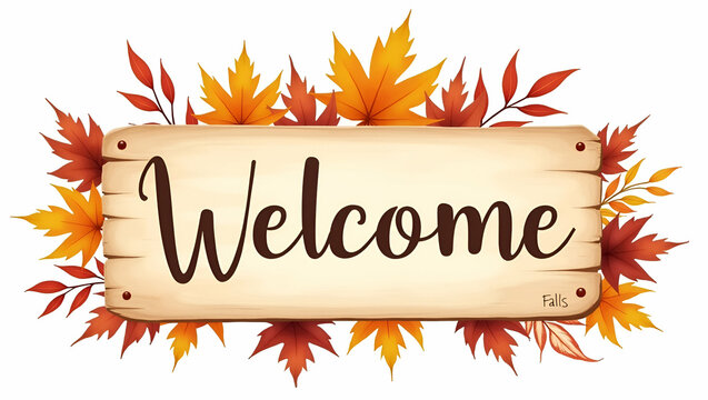 Welcome Fall Wooden Sign Clipart with Leaves - Watercolor Decor