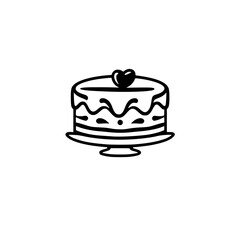 Minimalist Black and White Cake Illustration with Heart Topper, Serving Stand, Dessert, Simple Design, Isolated on White