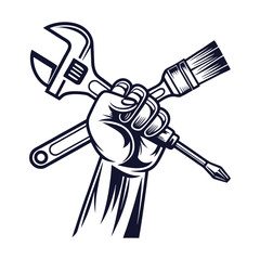 Hands Holding Tools Illustration – Pliers, Wrench, Knife, Paintbrush, Screwdriver Art