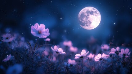 Fototapeta premium Moonlit nightscape with blooming flowers and starry sky