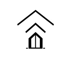 Minimalist architectural icon of a simplified home with three roof tiers and double-door facade, graphic black lines on white.