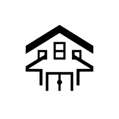 Simple Black and White Minimalist Illustration of a Modern House with Geometric Shapes and Clean Lines on a White Background.