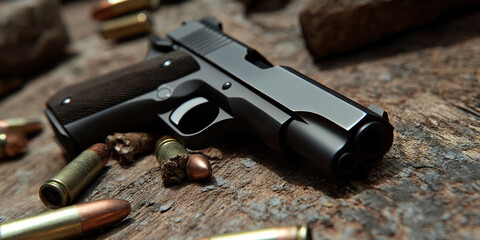 Obraz premium Handgun and Spent Ammunition on Wooden Surface