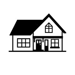 Stylized black and white illustration of a classic two-story house with a gabled roof, multiple windows, and a simple front porch, perfect for real estate or architectural design.