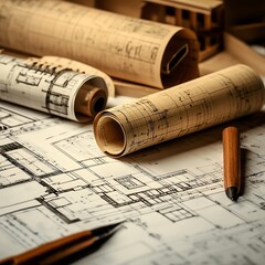 Detailed architectural blueprints with multiple building plans, rolled up scrolls and drafting tools, depicting the design process