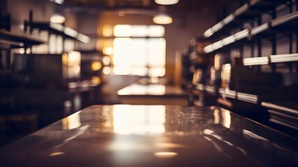 Empty bakery at dawn with morning light on countertops