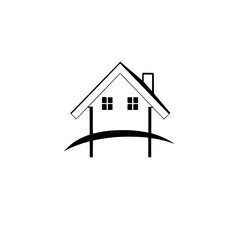 Minimalist House Icon with Black Lines, Windows, Chimney, and Ground Curve on White Background.