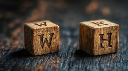 Wooden cubes with letters w and h on dark rustic surface