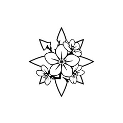 Stylized Black and White Floral Arrangement Centered on a Star-Like Shape, Illustrative Line Art, Isolated on White.