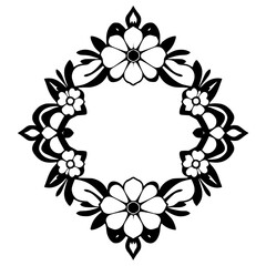 Intricate Black and White Floral Frame Design, symmetrical arrangement of stylized flowers and leaves on a white background.