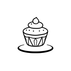 Simplified black and white illustration of a cupcake on a plate, with a detailed design and a simple background, perfect for culinary or bakery themes.