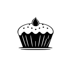 Bold Black and White Line Art of a Frosted Cupcake with a Single Glaze Drip and Sprinkles, on a simple white background