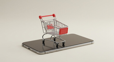 Illustration of a miniature shopping cart placed on a smartphone, set against a neutral and light background.. Generative AI
