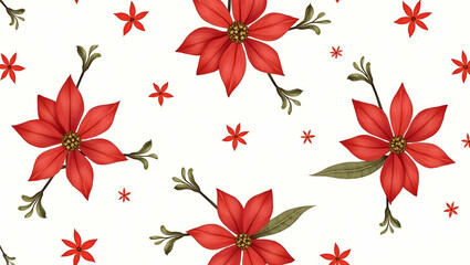Obraz premium Elegant Seamless Tile Pattern Featuring Large Red Poinsettia Blooms and Subtle Green Leaves on White Background - Perfect for Luxurious Bathroom Designs in Photo Stock