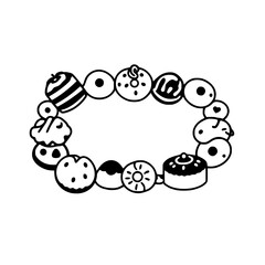 Whimsical Black and White Illustration: A Dessert-Themed Oval Frame, Featuring Cakes, Cookies, and Donuts.