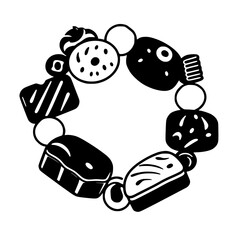 Abstract Black and White Illustration of a Bracelet Adorned with Various Food-Shaped Charms and Spherical Connectors.