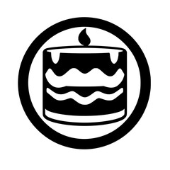 Black and white circular logo featuring a layered cake with dripping frosting and a single lit candle, set inside a minimalist rounded frame.