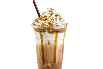 High Resolution of Pearl Milk Iced Tea with Straw and Cream Isolated in White Background