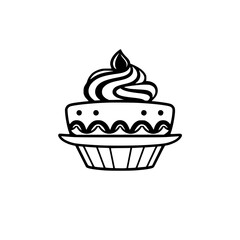 Simple, stylized black and white illustration of a cupcake with swirled frosting, decorative edging, and fluted base on a white background.