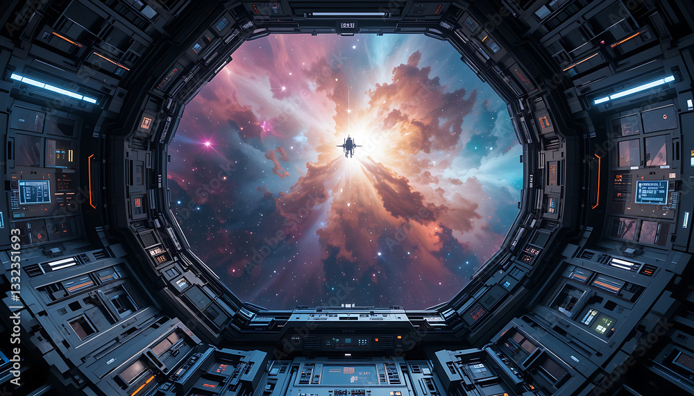 Poster cosmic vista: captivating view of a luminous nebula through the futuristic window of a spacecraft, e
