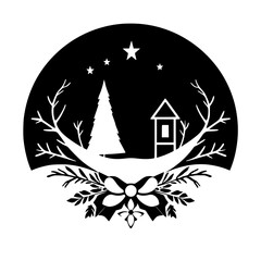 Black and White Circular Winter Scene with Christmas Tree, Cabin, Stars, and Botanical Embellishments for Festive Design.