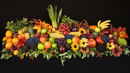 A vibrant rainbow of colorful fruits and vegetables, arranged in perfect harmony to showcase the diversity and richness of organic produce. The colors range from lush greens like corn, green apples, a