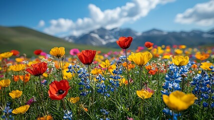 Vibrant Wildflower Meadow in Bloom Colorful Spring Flowers Mountain Background