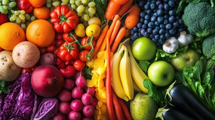 A vibrant rainbow of fruits and vegetables, showcasing the diversity in colors for healthy eating and dieting, with each color representing different types of fresh produce including green apples, yel