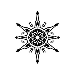 Symmetrical, intricate black and white design featuring a central circle with radiating stylized arrows and geometric shapes, creating a compass-like or star-like visual.