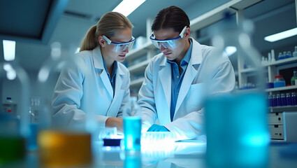 Innovative Research Team in Protective Gear: Ensuring Reliable Chemical Solutions and Brand Synergy in a Modern Laboratory - A Cute Vector Illustration of Advanced Protocols