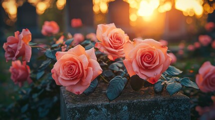 Sunset roses resting on a cemetery grave