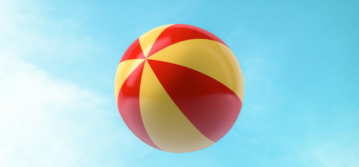 3D rendering, Realistic close up colorful beach ball mock up, sky blue and cloudy background.