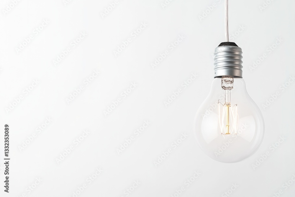 Poster lone lightbulb hanging from thin wire against vast white background symbolizing fresh idea allows am