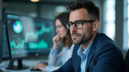 Obraz premium Flat Illustration of Focused Businessman Analyzing Investment Data for Strategic Financial Growth