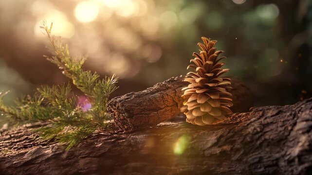 A detailed close-up of a pinecone resting on a textured fallen log, accompanied by green pine needles, bathed in warm, golden sunlight. The soft-focus background and natural lighting create a peaceful