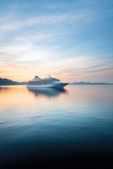 luxurious cruise liner sails into golden sunset casting serene silhouette against vibrant sky endless ocean horizon