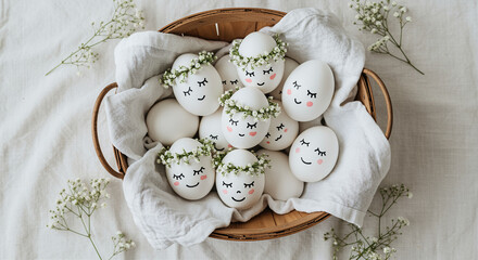 Decorative Easter eggs with painted faces and flower crowns in a basket on a white cloth surrounded by baby's breath flowers create a festive and charming Easter scene