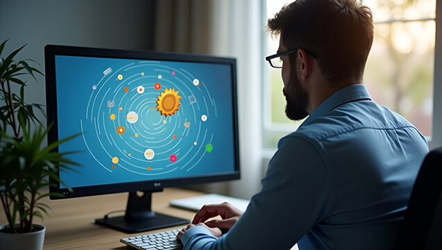 Businessman conducting webinar on computer for online education internet based e learning and online courses concept as Businessman uses computer to conduct webinars for online education and e learnin