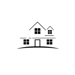 Minimalist black and white house illustration set on a curved line, featuring a gabled roof, multiple windows, and a front door, symbolizing home and real estate.