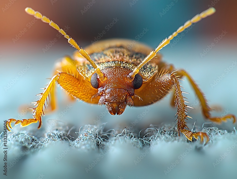 Poster illuminated bedbug under glowing microscope with sharp proboscis and intricate legs