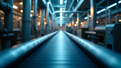 Fototapeta premium Conveyor Belt in Modern Manufacturing: Industrial Facility Surrounded by Machinery & Pipes - Stock Photo
