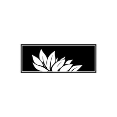 Minimalist botanical design: a cluster of white leaves emerging from a black rectangular frame, set against a pristine white background.