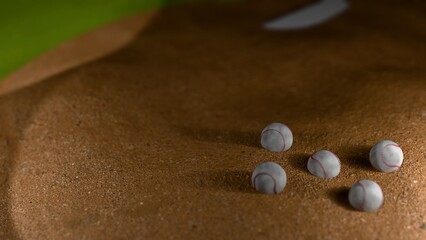 Close-up of several baseballs placed on a pitching mound created by 3D modeling with Depth of Field and raytracing lighting. The concept art of baseball sports scene.