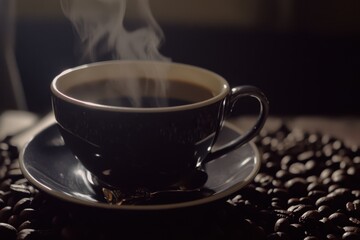 Fototapeta premium Enjoying a hot cup of coffee surrounded by aromatic coffee beans
