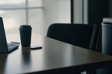 Warm coffee sits beside a laptop and phone in a modern workspace