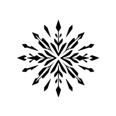 Symmetrical, Black and White Snowflake Design with Geometric and Leaf-like Elements Against a Clean White Background.