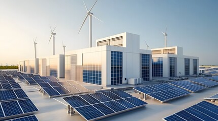 A state of the art sustainable energy complex featuring advanced solar panels vertical wind turbines and innovative energy management systems