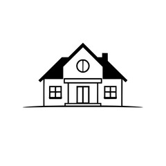 Minimalist Vector Illustration of a House with a Gable Roof, Chimney, Circular Window, and Geometric Design, Isolated on White Background