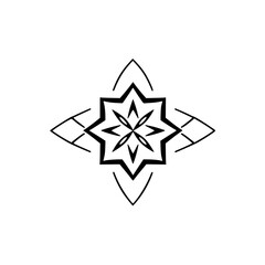 A stylized symmetrical black and white geometric starburst design composed of angular and curved line elements on a white background.