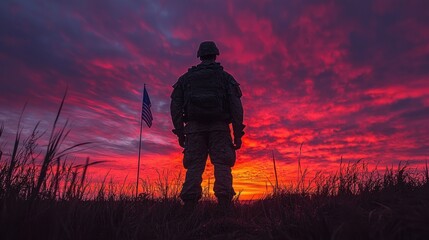 Soldier Silhouetted Against Fiery Sunset, Flag